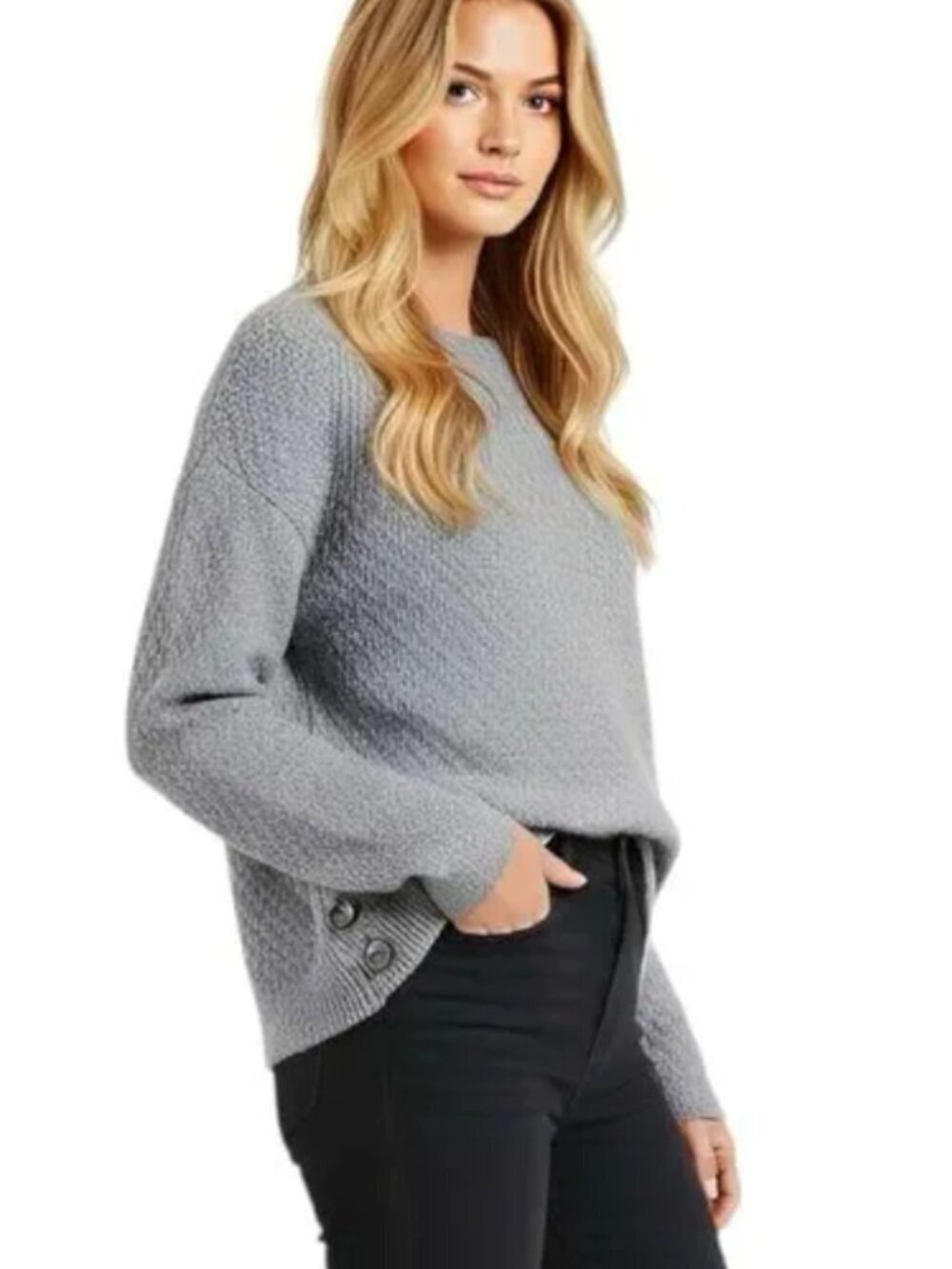 J. Jill Womens Size Medium Crewneck Sweater Textured Knit Side Button Light Gray